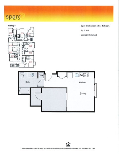 Floor plan for 1 bed, 1 bath, 616 sqft